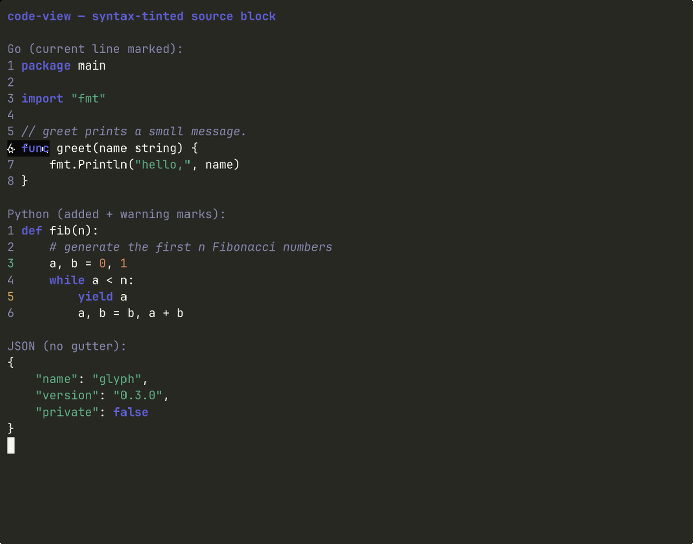 Terminal preview of the code-view component.