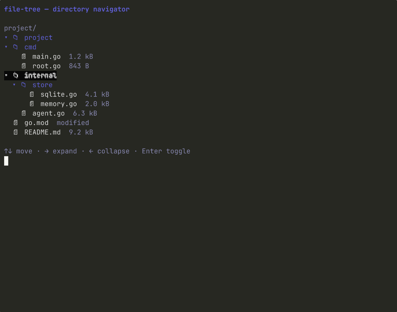 Terminal preview of the file-tree component.