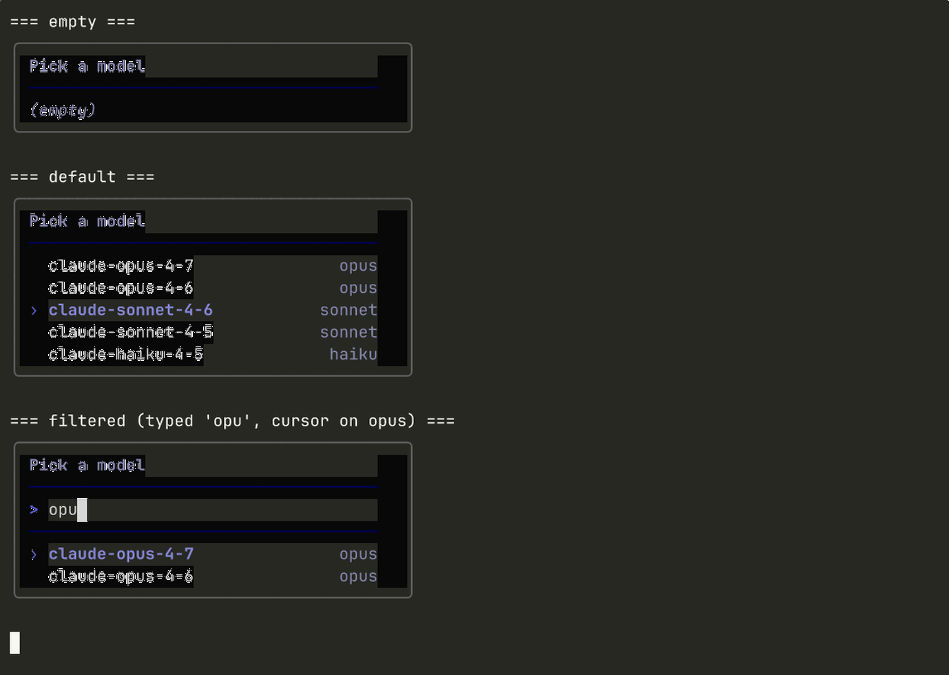 Terminal preview of the select component.
